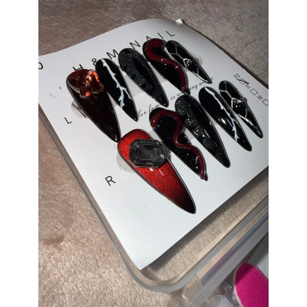 Custom Extra Small Cat Claw Press On Nails Red Black Gothic Snake 3D Stiletto